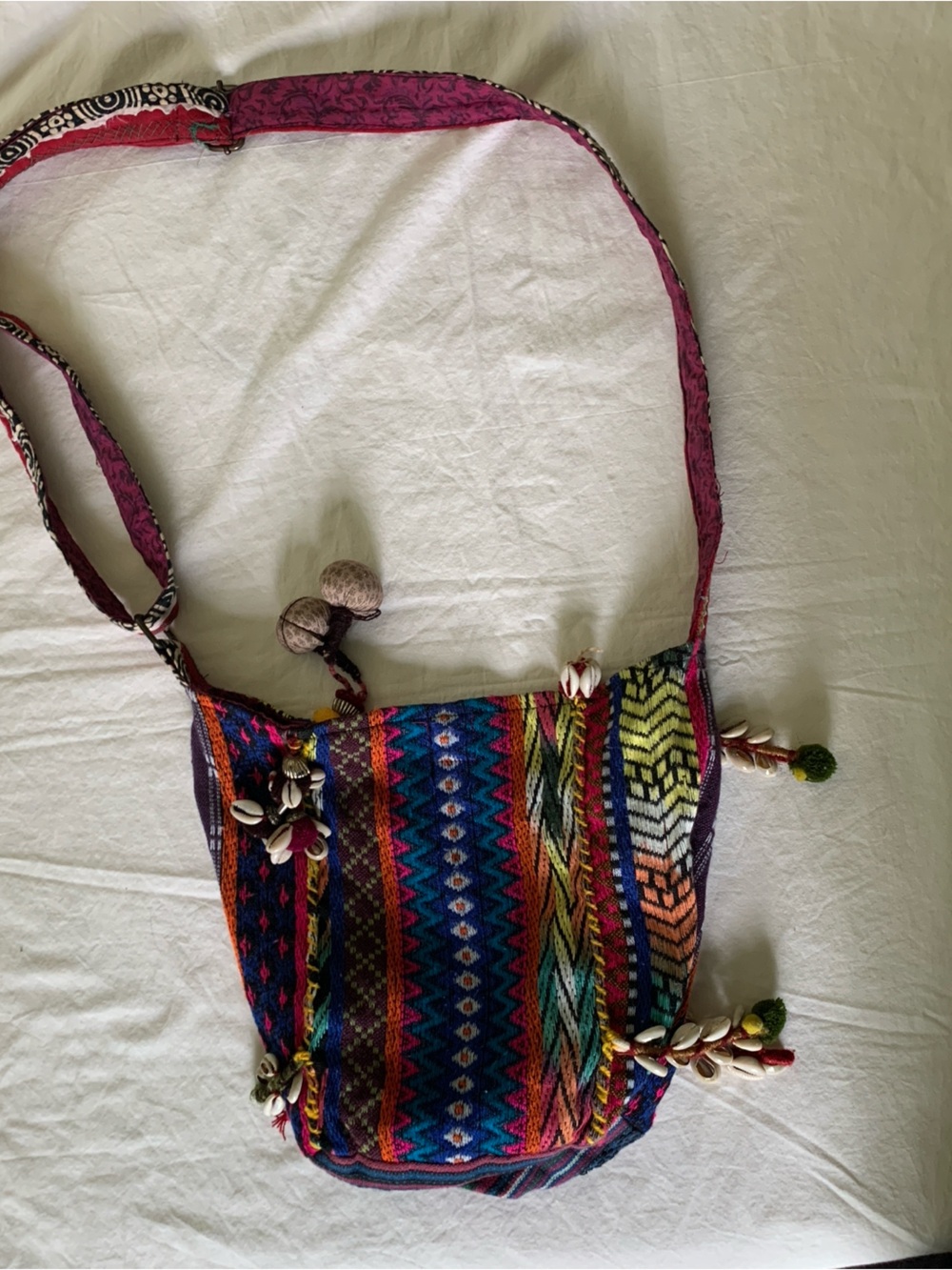 Free People Boho Multicolor Crossbody Bag with Pom & Shell Accents - Picture 2 of 5